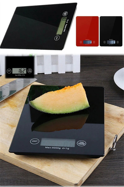 Dijital Mutfak Tartısı - 5 kg Kapasite, 1 Gram Hassasiyet, Şık Siyah Cam Tasarım