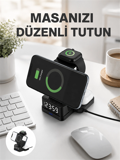 Dijital Saatli Kablosuz Şarj İstasyonu – 3’ü 1 Arada Uyumlu Hızlı Şarj ve LED Ekran Yeni Nesil