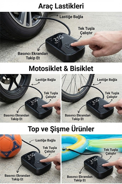 Dijital Şarjlı Araç Lastik Hava Pompası Kompresör Taşınabilir LED Ekranlı