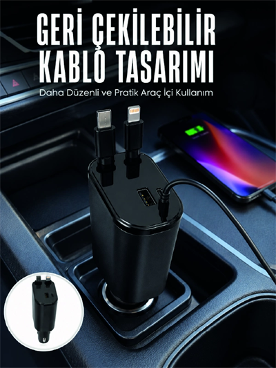 Dijital Voltaj Göstergeli Araç Şarj Cihazı Geri Çekilebilir Kablolu 4 Portlu Hızlı Şarj Adaptörü