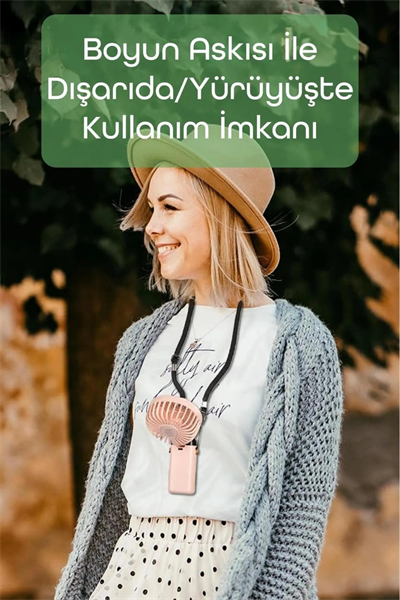Dijital ekranlı şarjlı bej el vantilatörü masa ve boyun kullanımı 2 yıl garantili