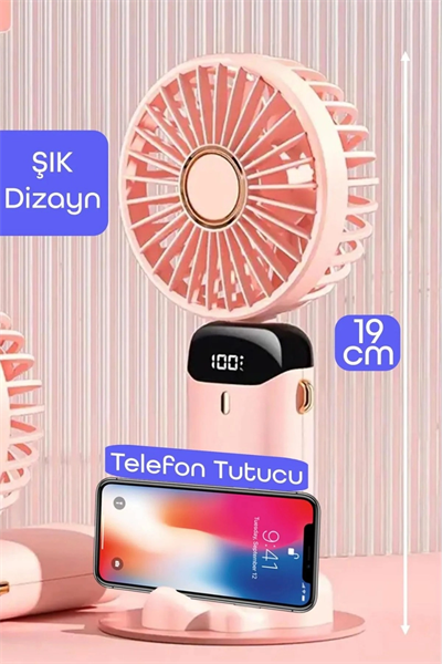 Dijital ekranlı şarjlı bej el vantilatörü masa ve boyun kullanımı 2 yıl garantili