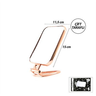 Dikdörtgen - Bakır 15x11.5cm Makyaj Aynası Çift Taraflı Katlanır Ayaklı Bx40