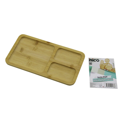 Dikdörtgen 3 Bölmeli=2+1 Ahşap Bambu Servis Sunum Tepsi - Tahtası 24.8 X 13.8 X 1.4cm Bx40