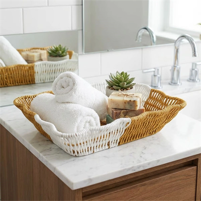 Dikdörtgen Çift Renkli Plastik Rattan Ekmek Ve Meyve Sepeti - Çok Amaçlı Banyo Ve Mutfak Düzenleyici - Yıkanabilir Tezgâh Üstü Organizer Bx40