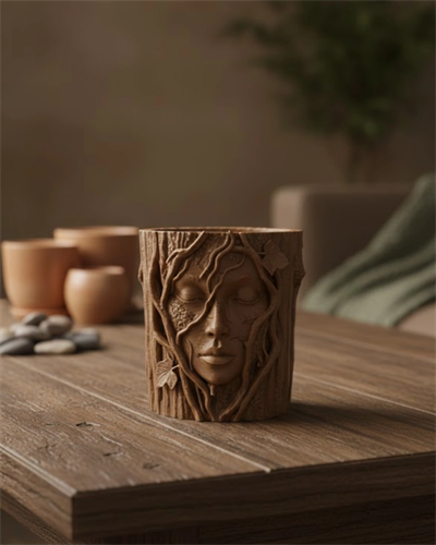 Doğa Temalı Yüz Detaylı Dekoratif Vazo 3D Ağaç Desenli Şık Saksı