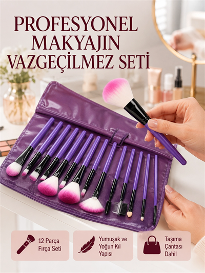 Doğal Görünüm Sağlayan Yumuşak Kıllı 12 Parça Makyaj Fırça Seti Günlük ve Profesyonel Kullanıma Uygun