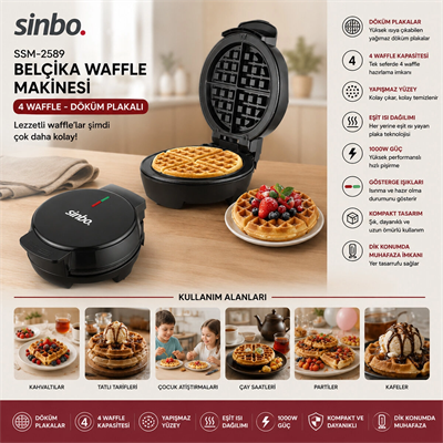 Döküm  Belçika Waffle Makinesi  Elektrikli   4 Waffle   Yapışmaz Yüzey   1000w  Ssm-2589 Bx40