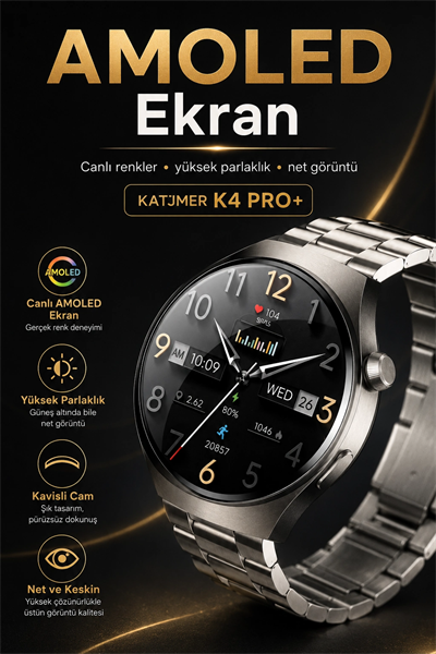 Dokunmatik AMOLED Ekranlı Akıllı Saat Çelik Kordon Ve Ek Kayışlı Şık Tasarım