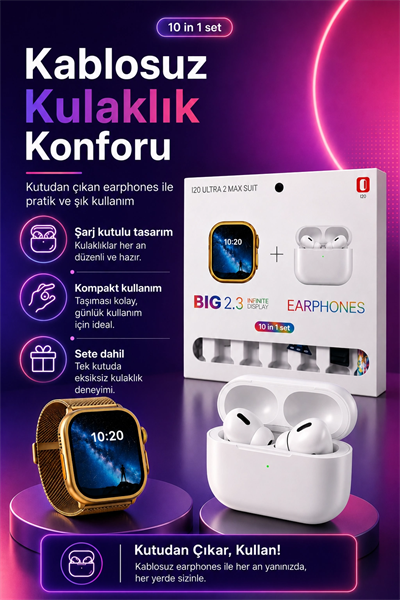 Dokunmatik Ekranlı Akıllı Saat Kablosuz Kulaklık Ve Aksesuarlarıyla Tam Set