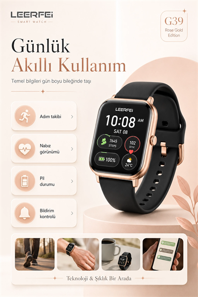 Dokunmatik Ekranlı Rose Gold Akıllı Saat Kablosuz Şarj Özellikli Günlük Kullanım