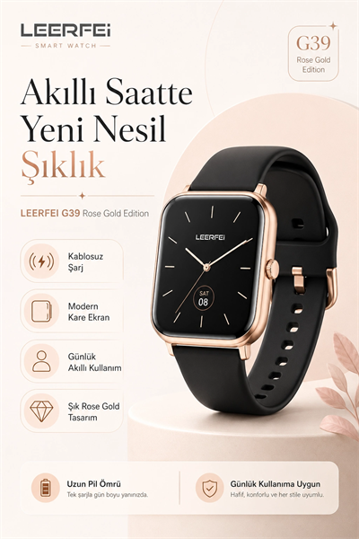 Dokunmatik Ekranlı Rose Gold Akıllı Saat Kablosuz Şarj Özellikli Günlük Kullanım