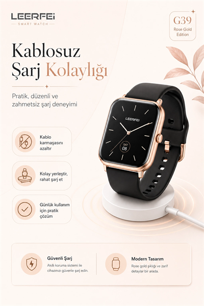 Dokunmatik Ekranlı Rose Gold Akıllı Saat Kablosuz Şarj Özellikli Günlük Kullanım