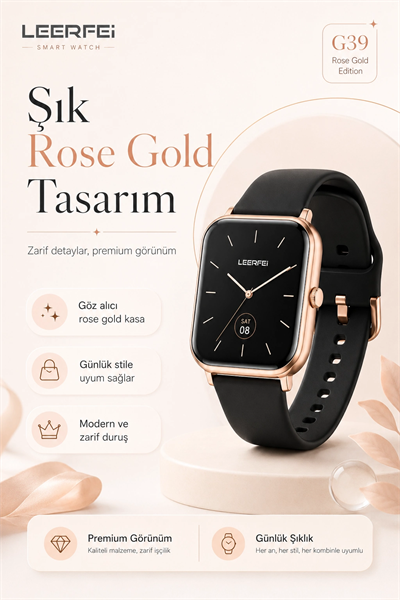 Dokunmatik Ekranlı Rose Gold Akıllı Saat Kablosuz Şarj Özellikli Günlük Kullanım