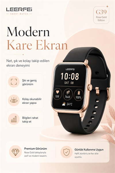 Dokunmatik Ekranlı Rose Gold Akıllı Saat Kablosuz Şarj Özellikli Günlük Kullanım