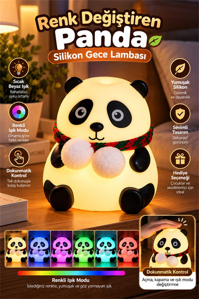 Dokunmatik Kontrollü Renk Değiştiren Panda Gece Lambası Çocuk Odası ve Yatak Odası