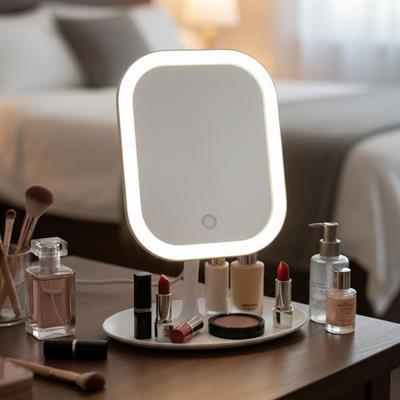 Dokunmatik LED Işıklı Kare Makyaj Aynası – Altı Organizer Kaseli, Ayarlanabilir Aydınlatmalı Masaüstü Makyaj ve Cilt Bakım Aynası (3936)