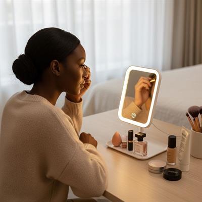 Dokunmatik LED Işıklı Kare Makyaj Aynası – Altı Organizer Kaseli, Ayarlanabilir Aydınlatmalı Masaüstü Makyaj ve Cilt Bakım Aynası (3936)