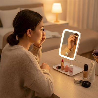 Dokunmatik LED Işıklı Kare Makyaj Aynası – Altı Organizer Kaseli, Ayarlanabilir Aydınlatmalı Masaüstü Makyaj ve Cilt Bakım Aynası (3936)