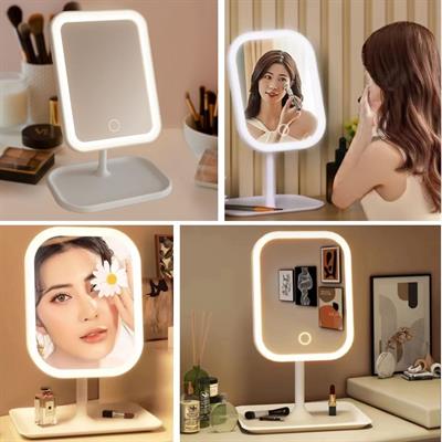 Dokunmatik LED Işıklı Kare Makyaj Aynası – Altı Organizer Kaseli, Ayarlanabilir Aydınlatmalı Masaüstü Makyaj ve Cilt Bakım Aynası (3936)