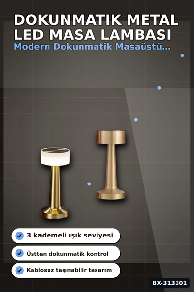 Dokunmatik Metal Gövdeli 3 Kademeli LED Masa Lambası - USB Şarjlı Tekli Paket BX-313301