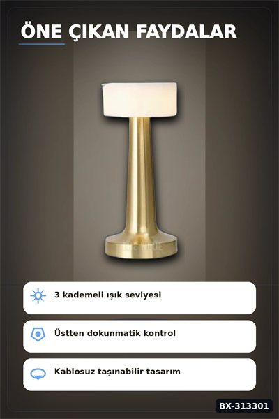 Dokunmatik Metal Gövdeli 3 Kademeli LED Masa Lambası - USB Şarjlı Tekli Paket BX-313301