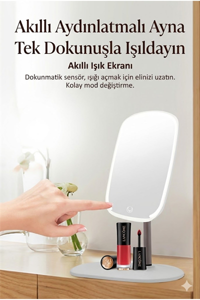 Dokunmatik led ışıklı makyaj aynası dikdörtgen 3 renk ışık LED MASA AYNASI