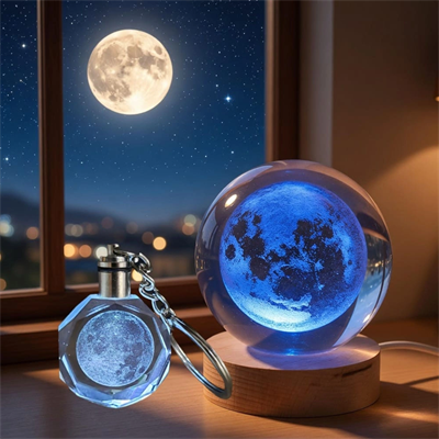 Dolunay Tasarımlı Işıklı Cam Küre - Kristal Anahtarlık Seti - Renk Değiştiren Gece Lambası