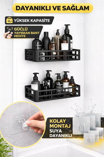 Duş İçi Yapışkanlı Banyo Rafı 2’li Set Delme Yok Güçlü Yapışkan Bantlı Organizer