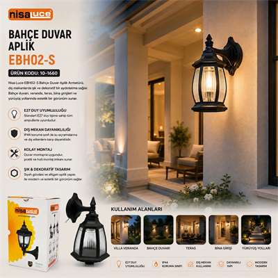 E27 - Ip44 Siyah 60w Duvar Aplik Bahçe-balkon Sokak Lambası - Armatür Ebh02-s Bx40