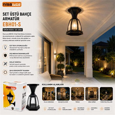 E27 - Ip44 Siyah 60w Set Üstü Bahçe-balkon Sokak Lambası - Armatür Ebh01-s Bx40
