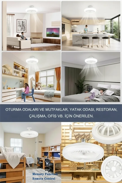 E27 Duylu Kumandalı Tavan Vantilatörlü LED Lamba 3 Hız ve Renk Ayarlı Tavan Pervanesi