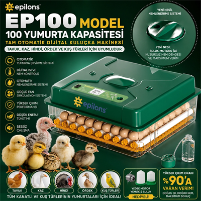 EP100 Kuluçka Makinesi Yeni Nesil Suluk Üstten Havalandırma Sistemli Tavuk Kaz Hindi ve Kuş Türleri İçin