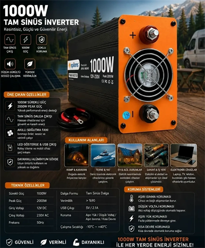 Eco Lounge 1000W Tam Sinüs İnverter 12V DC 220V AC Çevirici USB Çıkışlı Araç Karavan Solar Güç Dönüştürücü
