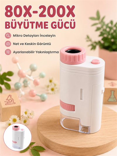 Eğitici Taşınabilir Mikroskop  Ayarlanabilir Focus, LED Işık ve 80X-200X Yakınlaştırma