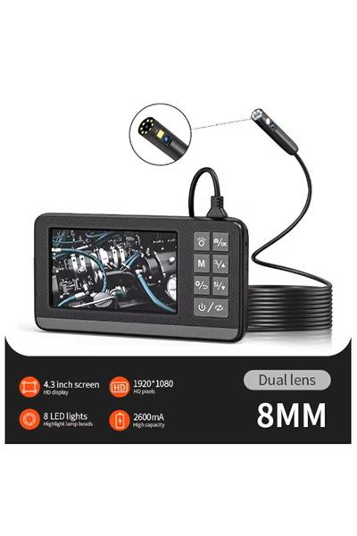 Ekranlı Çift Kameralı 5 Mt Sert Kablo Endoskop Kamera 8 Mm 4.3 Inc Hafıza Kart Destekli
