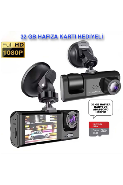 Ekranlı Çift Yönlü Araç İçi Kayıt Cihazı, Full HD 1080P Çözünürlük ve Gece Görüş Özellikli