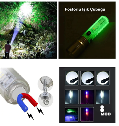 El Feneri 8 Mod Şarjlı Fosforlu Mıknatıslı Led El Feneri