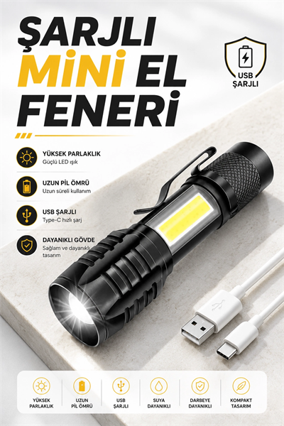 El Feneri Led USB Şarjlı Zoom Mini Led Işık Acil Durum Feneri
