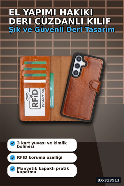 El Yapımı Hakiki Deri Cüzdanlı Kılıf - Samsung Galaxy S25 Uyumlu, Gölgeli Taba BX-313513