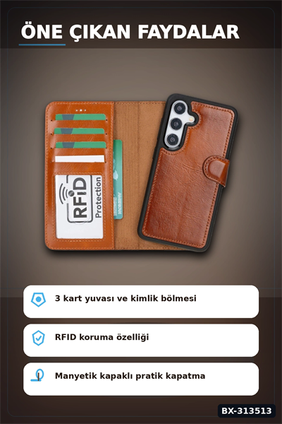 El Yapımı Hakiki Deri Cüzdanlı Kılıf - Samsung Galaxy S25 Uyumlu, Gölgeli Taba BX-313513