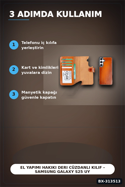 El Yapımı Hakiki Deri Cüzdanlı Kılıf - Samsung Galaxy S25 Uyumlu, Gölgeli Taba BX-313513