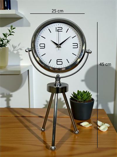Elegance Krom Tripod Üç Ayaklı Metal Masa Saati