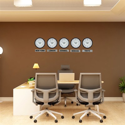 Elegant Siyah 36 Cm 5 li Tabelalı Dünya Saatleri