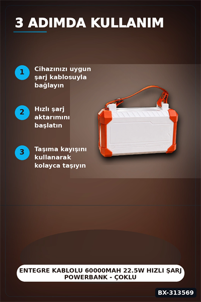 Entegre Kablolu 60000mAh 22.5W Hızlı Şarj Powerbank - Çoklu USB-C Çıkışlı Güç Bankası BX-313569