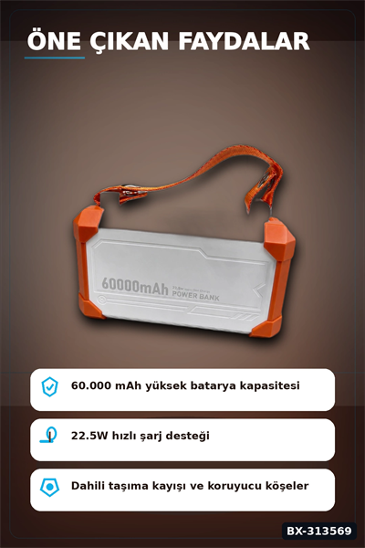 Entegre Kablolu 60000mAh 22.5W Hızlı Şarj Powerbank - Çoklu USB-C Çıkışlı Güç Bankası BX-313569