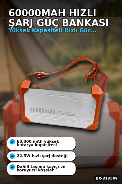 Entegre Kablolu 60000mAh 22.5W Hızlı Şarj Powerbank - Çoklu USB-C Çıkışlı Güç Bankası BX-313569