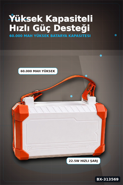 Entegre Kablolu 60000mAh 22.5W Hızlı Şarj Powerbank - Çoklu USB-C Çıkışlı Güç Bankası BX-313569
