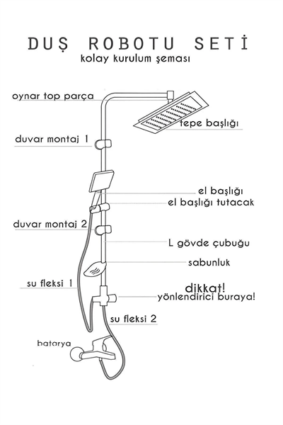 Epilons Robot Tepe Duş Sistemi Yağmurlama Duş Seti Krom Siyah Kare