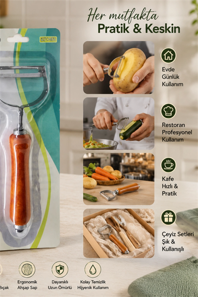 Ergonomik Ahşap Saplı Metal Meyve Sebze Soyacağı Tek Başlıklı Pratik Soyacak